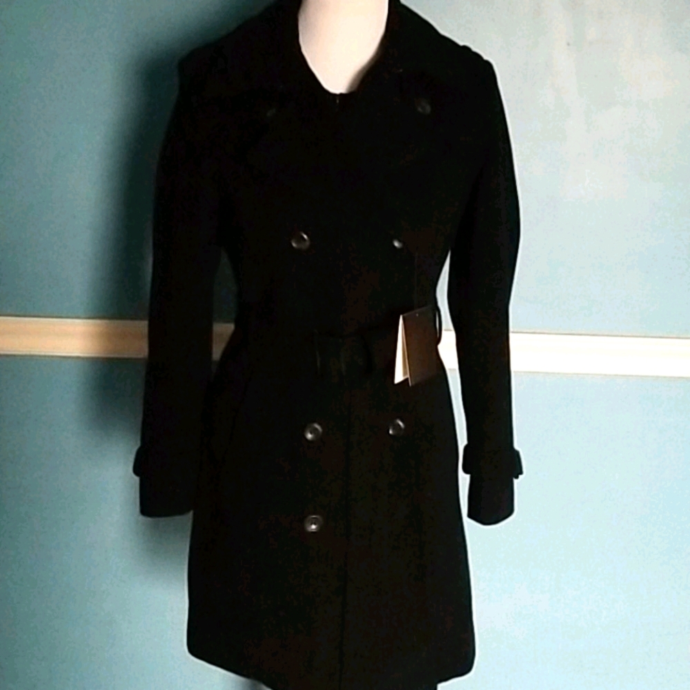 NWT Cole Haan Belted Pea Coat 8 Black
